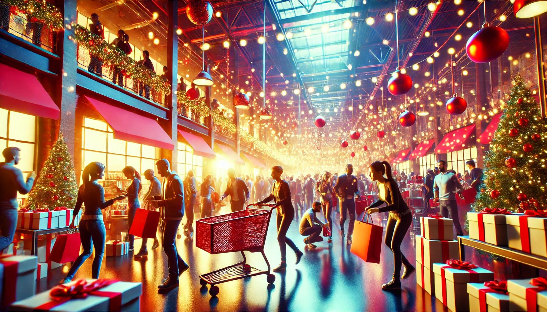 A busy retail store on Black Friday with shoppers carrying bags and pushing carts, selecting items from shelves, creating a lively and energetic atmosphere