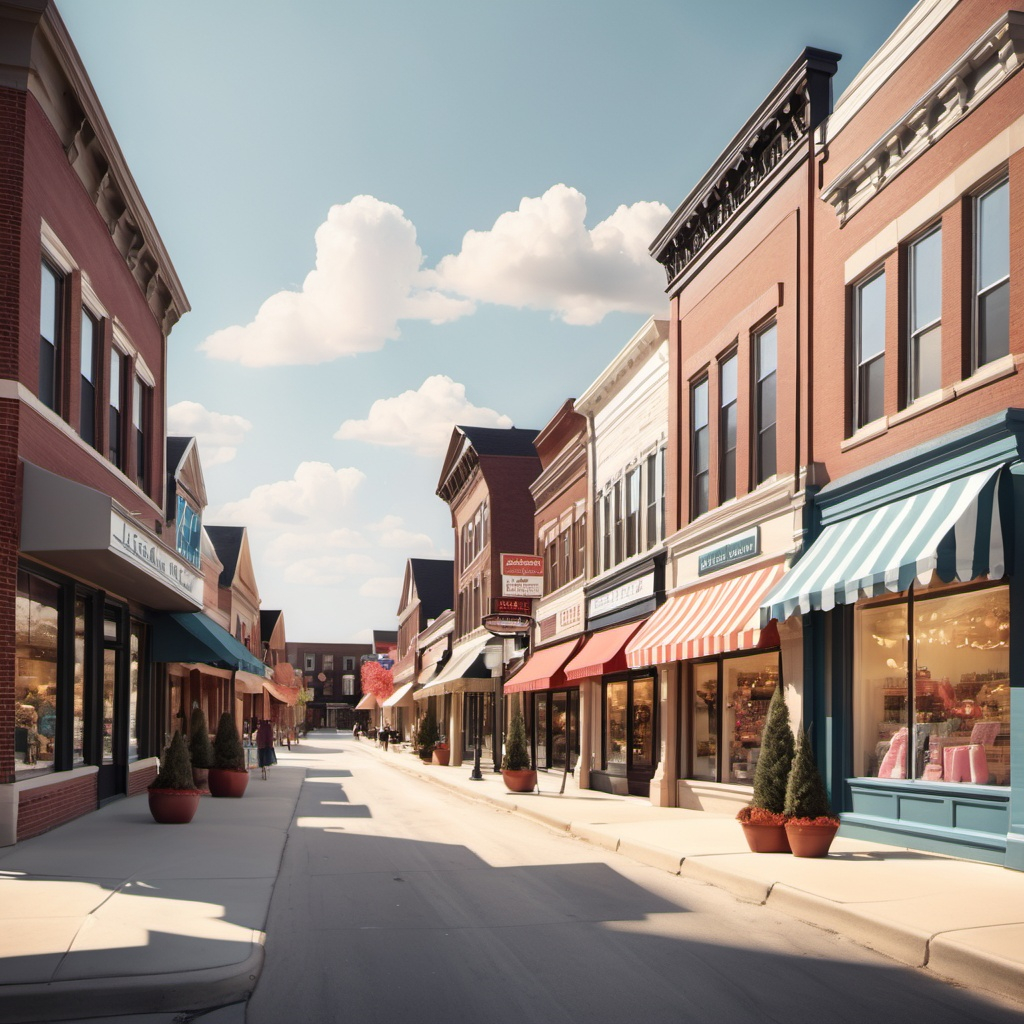 A charming small-town street with colorful storefronts, awnings, and a clear blue sky, capturing a quaint shopping district